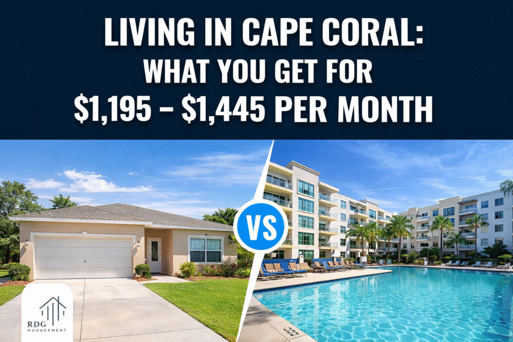 Cape Coral rental comparison showing single-family home vs apartment with pricing from $1195 to $1445 per month